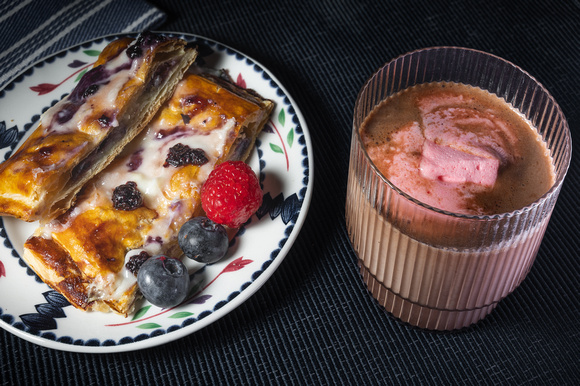 Raspberry-flavored Hot Chocolate, Raspberry Marshmallows and Blueberry-lemon Puff Pastry