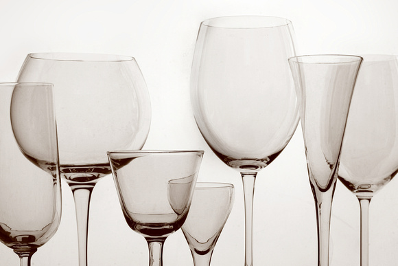 Seven empty wine glasses