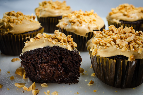 Chocolate Cupcakes with Chocolate Ganache Filling and Peanut Butter Icing